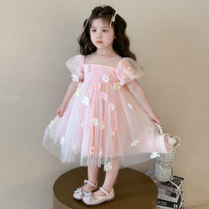 Summer Princess Style Dress for Girls 3-12 Years Old 3D Floral Print Sweet Fairy Skirt Short Sleeve round Neck Korean Version