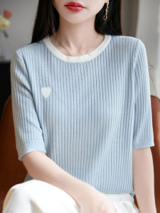 เสื้อยืดคอกลมแขนสั้นผ้าสเวตเตอร์ถักผ้าไหมเลเซอร์สำหรับผู้หญิง ทรงเข้ารูป ทรงปกติ ฤดูร้อน 2025 สีสันสดใส