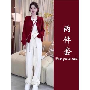Korean Style Winter Fashion Set Christmas Theme Womens Clothing Long Sleeve round Neck Cardigan Polyester Fiber Home Wear