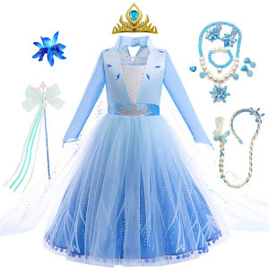 Elsa Snow Queen Long Sleeves Princess Dress Girls Stage Performance Clothes Kids Halloween Xmas Holiday Birthday Party Outfits