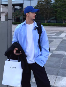 American Retro Blue Shirt Mens Fancy Loose Long Sleeve Sunscreen Coat Pure Color All-Matching Casual Work Clothes Shirt Tide