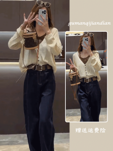 Fall Fashion Womens 2024 New Knitted Long Sleeve Patchwork High Waist Jeans Two-Piece Set Elegant Casual Look by Gomand Brand