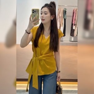 BINKAFENNY | Slimming V-Neck T-Shirt Womens Short Sleeve Knot Design Korean Style Commute Fashion Plus Size Unique Personality Summer Top