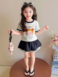 Cute Cartoon Baby Girl Summer Outfit Short Sleeve Skirt Set Korean Style Cotton Material School Gift Suitable Half Body Skirt