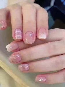 24 Cái/bộ Móng Tay Giả Ngắn Hình Vuông Dành Cho Nữ Cô Gái Màu Đỏ Khỏa Thân Với Dải Ngôi Sao Phong Cách Hàn Quốc Full Cover Móng Tay Giả