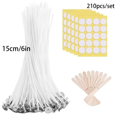 210 Pieces/Set Includes 100 Pieces of 6inch Candle Wicks 100 Pieces of Candle Wick Stickers and 10 Pieces of Wooden Candle Wick Centering Devices Suitable for Soy and Beeswax Candle Making and Candle DIY