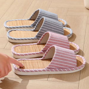 Summer Bamboo Slippers Home Womens Indoor Office Breathable Plaid Sweat-Absorbent Bamboo Woven Home Sandals Mens Summer