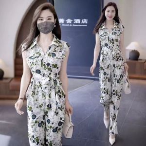 Casual Elegant Silk Satin Wide Leg Pants Suit Trousers Summer Sleeveless temperament Loose Fashion Age reduction Female suit