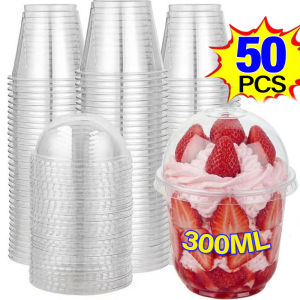 YESPERY 50Pcs Clear Plastic Cups With Dome Lids 300ml Pudding Cake Cup Dessert Cups for Cupcake Ice Cream Cold Drinks