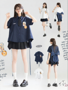 Keiko | Áo Sơ Mi Tay Ngắn Trang Trí Hoa Văn Nơ Đáng Yêu