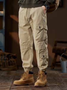American Retro Mens Loose Fit Casual Cargo Pants Multi-Pocket Trousers Spring Autumn Harlan Cuffed Nine Points Pants