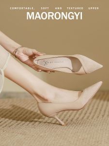 รองเท้าส้นสูงแบบฝรั่งเศสสำหรับผู้หญิง ทรงหัวแหลม ด้านในทำจากหนังวัว ทรงหัวแหลม รองเท้าส้นสูงแบบสวมสบาย สไตล์เรียบง่าย