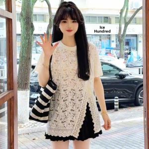 BINKAFENNY | Pure Desire White Lace Shirt Womens Summer Design Unique Beautiful Short Sleeve Embroidered Hollow Out Round Neck Top