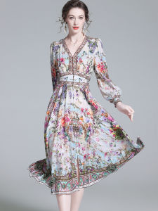 Elegant Silk Floral Print Dress Haute Couture Autumn 2025 New Arrival ZheDai Name Brand A-Line Skirt V-Neck Long Sleeve Womens Dress