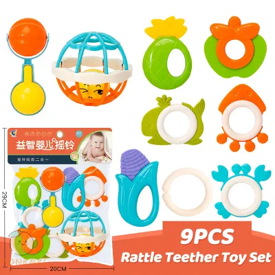 9PCS Baby Teether for Baby Girl Boy Silicon BPA Free with Holder Rattle Toys for Newborn Baby Nursing Teether Rattle Hand Jingle Bells Toys Teething Teether Toy Puzzle Toys