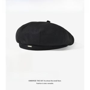 Black Octagonal Beret Hat Womens Autumn Winter Large Head Size 20-25 New Versatile Painter Cap Duckbill Beret Hat