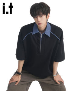 izzue | Mens Half Zip Fake Two-Piece Contrast POLO Shirt Five Eighths Sleeve