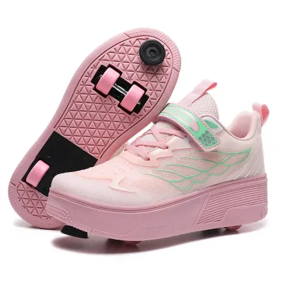 Womens Summer Breathable Roller Skates Childrens Girls Sports Shoes Double Wheel Retractable Brake Student Roller Skates