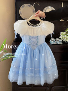 Princess Dress Childrens mid Waist Soft Cotton Summer Birthday Gift Dress Bubble Sleeve Butterfly Knot Ice Princess Dress
