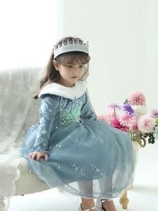 Elsa Long Sleeves Sequin Mesh Princess Dress Girls Snow Queen Cosplay Shiny Gown Kids Xmas Birthday Halloween Party Costume