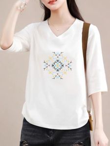 Big Brand Export Export Discount Womens Clothing Cotton Cropped Sleeves Print T-Shirt Loose Chicken Collar Slim Looking Tops