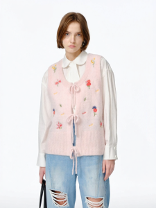XIAOLI | Autumn Floral Embroidery Alpaca Wool Loose Tie-up Vest