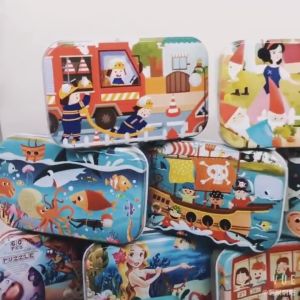 Mainan Anak Puzzle Jigsaw Kayu Susun Gambar isi 60pcs Kotak Kaleng Besi Puzzle Wooden