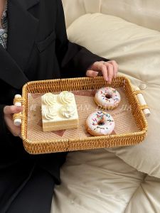 Handwoven Bamboo Tray Bread Basket Fruit Basket Afternoon Tea Snack Plate Picnic Plate Rectangular Japanese Style Rural Style
