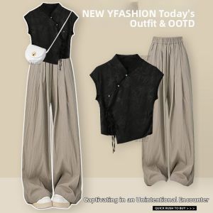 YINGKETUO | Slimming Tummy Cover Waist Lengthening Chinese Style Cheongsam Shirt Black Brocade Sleeveless