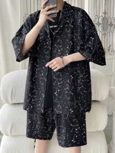2025 New Summer Ultra-Thin Short-Sleeve Printed Casual Shirt And Five-Pocket Pants Mens Fashion Starry Sky Two-Piece Set