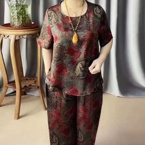Middle age mother Dress Western style Suit New Version Fashion Loose Retro Floral Print Oversize Trendy Casual Two Piece Set