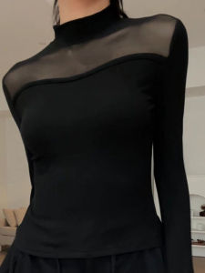 Black Mesh Splice High Neck Long Sleeve T-Shirt Womens Unique Stylish Slim Fit Base Shirt Korean Style Pure Color Short Length