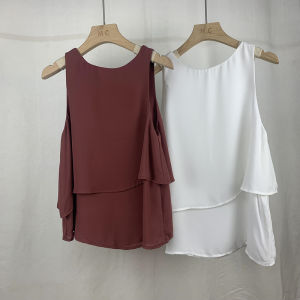 Chic Double Layer round Neck Summer Korean Style Sleeveless Solid Color Womens T-Shirt Loose Belly Covering Lace Trim Top