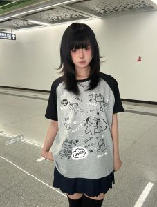 Loose Fit Short Sleeve round Neck Cat Print T-Shirt Casual Summer Top for Young Women Commute Style Moisture Wicking Cotton