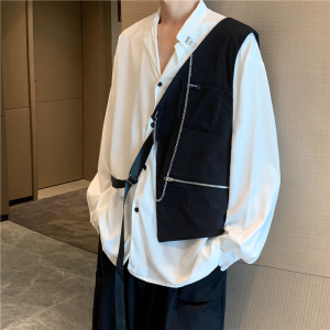 Unique Design Vest Patchwork Contrast Color Thin Long Sleeves Necklace Shirt Mens High Street Outerwear Top Ins Shirt