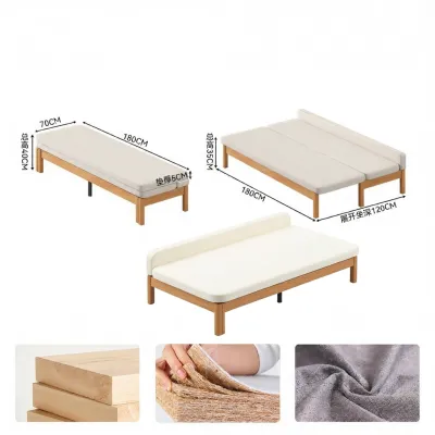 Modern Foldable Solid Wood Sofa Bed No Armrest Pull out Daybed Tatami Mat Adjustable Length for Nap Horizontal Slide Bed