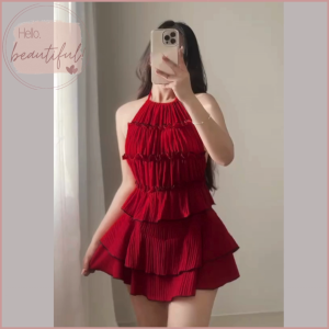 Hello Beautiful Alice Coords Halter Neck Backless Lettuce Top and Palda Short | Skort | Self Tie Back Coquette Blouse | Bark Crepe Fabric | Trendy Coords | New Design | 2025
