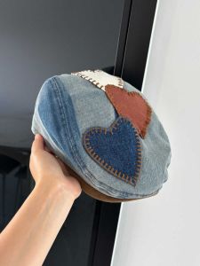 Japanese-Style Retro Heart Patch Denim Beret Womens Spring and Summer Advance Hats Show Face Small Bud Painter Hat Fashion