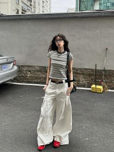 American Stripe Sweet Cool Short Sleeve T-Shirt Women Summer Lazy BM Slimming Short Style round Neck Cotton Blend Top