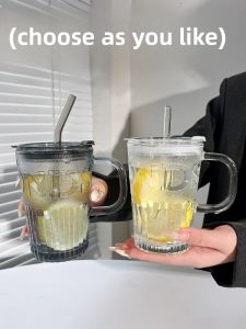 Womens Glass Cup with Straw Water Cup Coffee Cup Office Home Use Fruit Juice Cup Summer New Arrival Korean Style Ins Wind