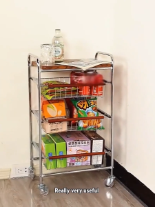 COHF Mobile Organizer Trolley | Multi-Functional Trolley | Mid-Century Modern Stainless Steel Rolling Cart | with Pull-Out Baskets & Wooden Top
