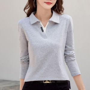 Pure Cotton Long Sleeve T-Shirt Womens Loose Fit Collared Base Shirt Spring Autumn Fashionably Simple Comfortably Breathable