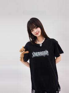 LALABOBO Bear Series 25 Years Short Sleeve Black T-Shirt Dress Womens Lace Trim Knitted Dress Casual Style High Waist A-Line Skirt