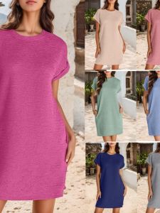 ชุดเดรสคอตั้งแขนสั้นพับชาย กระโปรงทรงเอ ผ้าโพลีเอสเตอร์ ฤดูใบไม้ผลิและฤดูร้อน ชุดเดรสผู้หญิง ชุดเดรสแขนสั้น ชุดเดรสคอตั้ง