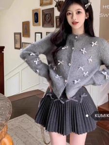 Áo Len Cardigan Dệt Kim Mềm Mại Màu Xám Có Nơ Cho Nữ Áo Khoác Ngoài Mùa Thu Đông Phong Cách Ngọt Ngào Cay Nồng Dáng Rộng Cổ Tròn Tay Dài