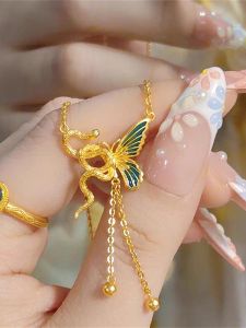 New Chinese Style 24K Gold Enamel Snake Butterfly Necklace Womens Titanium Steel Pendant Alloy Chain  out Design Jewelry