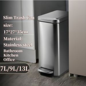 Slim Trash Can with Lid Soft Close Stainless Steel 7L/9L/13L Bathroom Garbage Can with Inner Bucket