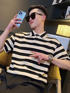Modern Striped Collared T-Shirt Mens Short Sleeve POLO Shirt Versatile Summer Fashion Korean Style Half Sleeve 2024 Youth Wear