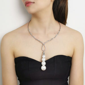 สร้อยคอจี้ลูกปัดไข่มุกปลอมทองแดงชุบทองแบบมือทำ สร้อยคอโลหะประดับตกแต่งสำหรับงานปาร์ตี้ เครื่องประดับแฟชั่นสำหรับผู้หญิง