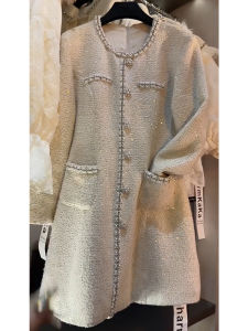 ชุดเดรสสั้นทรงเอประดับลูกปัดสีขาวสไตล์ฝรั่งเศสสำหรับผู้หญิงในฤดูใบไม้ร่วงและฤดูหนาว ชุดราตรียาวเอวสูง กระโปรงทรงเอ